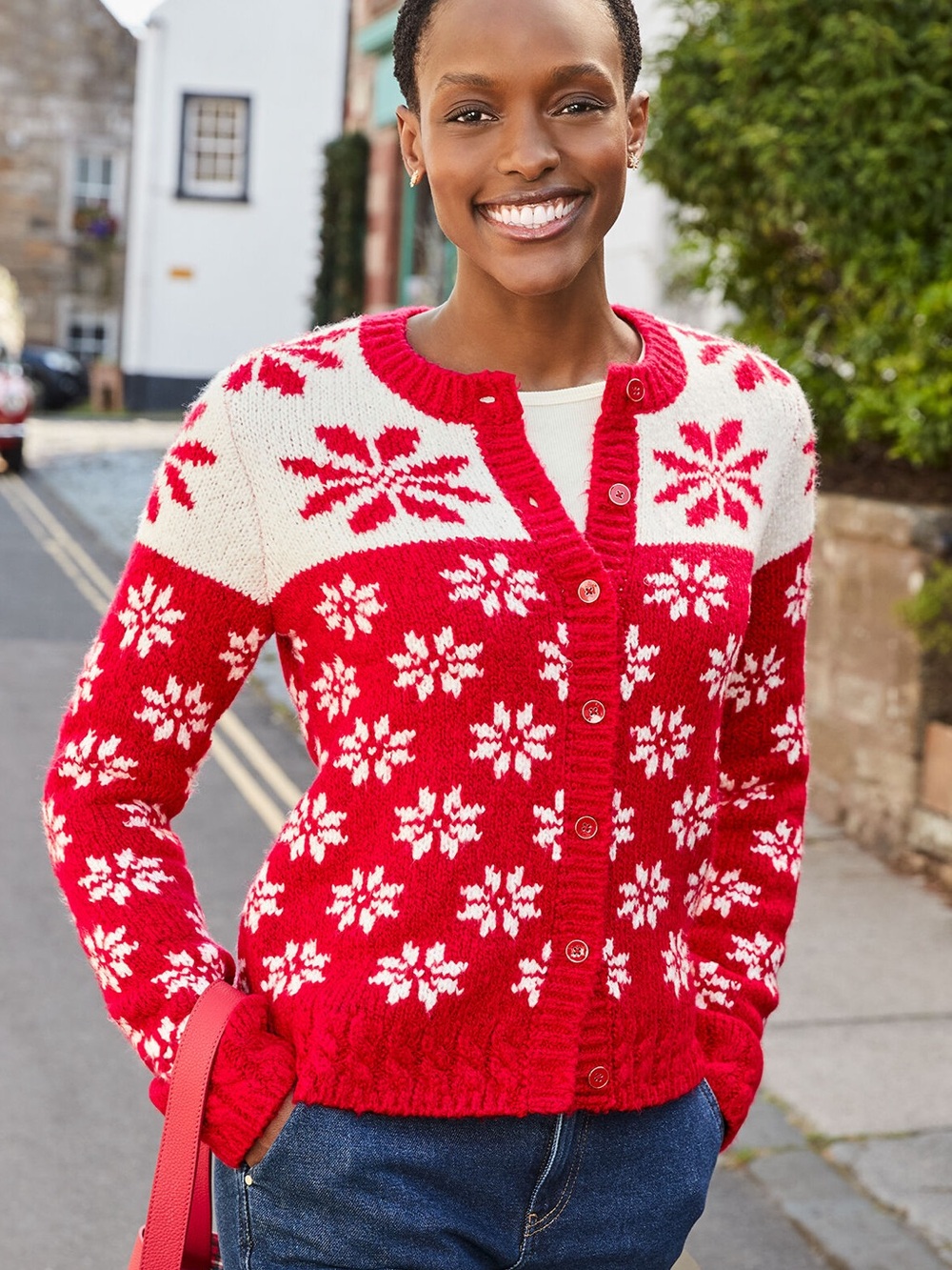 Talbots Women’s Wool Blend Crewneck Cardigan Sweater in Snowflake Fair Isle M - Picture 1 of 11